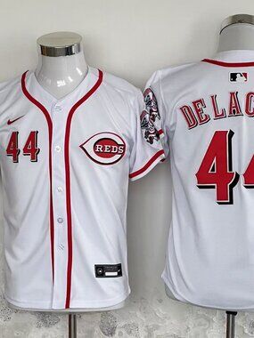 Stitched White Baseball Jersey - Red Piping & Graphics - #44